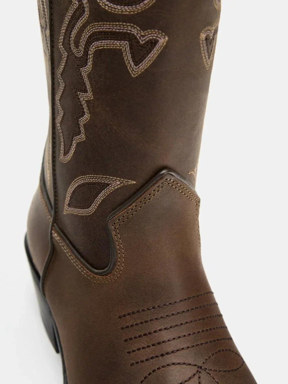 ZARA Tall Leather Cowboy Boots | Distressed Brown | Embroidered | NWT | Size